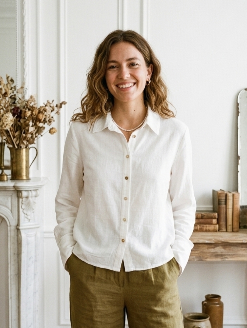 H&M White viscose Linen Blend Button Up Shirt Blouse Long Sleeve XS
